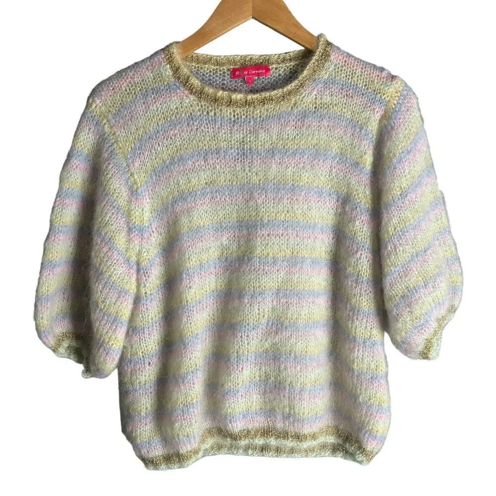 Rose Carmine Striped Mohair Blend Pullover Crew Neck Sweater Pastel Size S / M